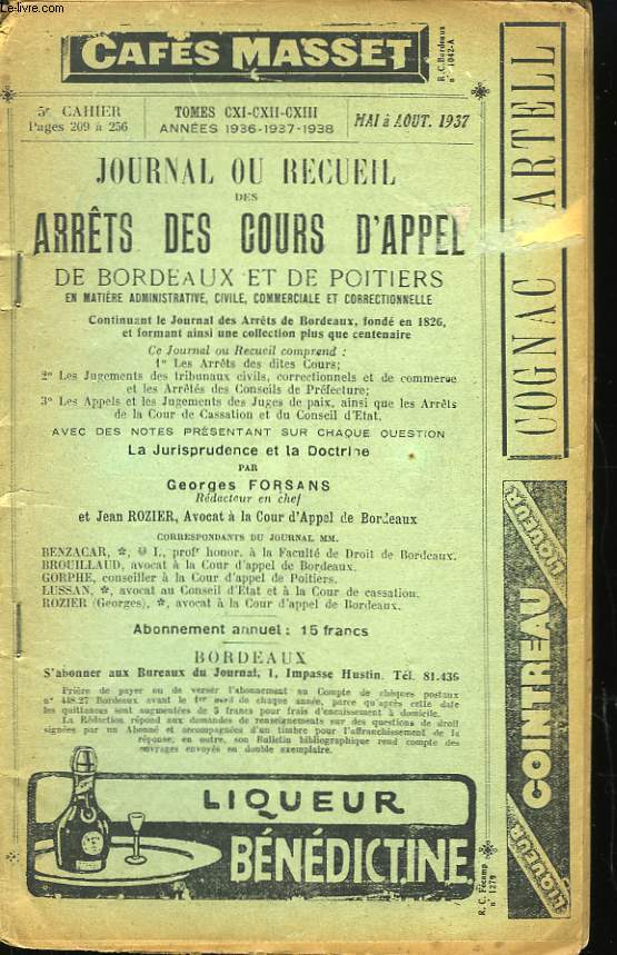 Journal, ou Recueil des Arrts des Cours d'Appel de Bordeaux et de Poitiers. 5me cahier.
