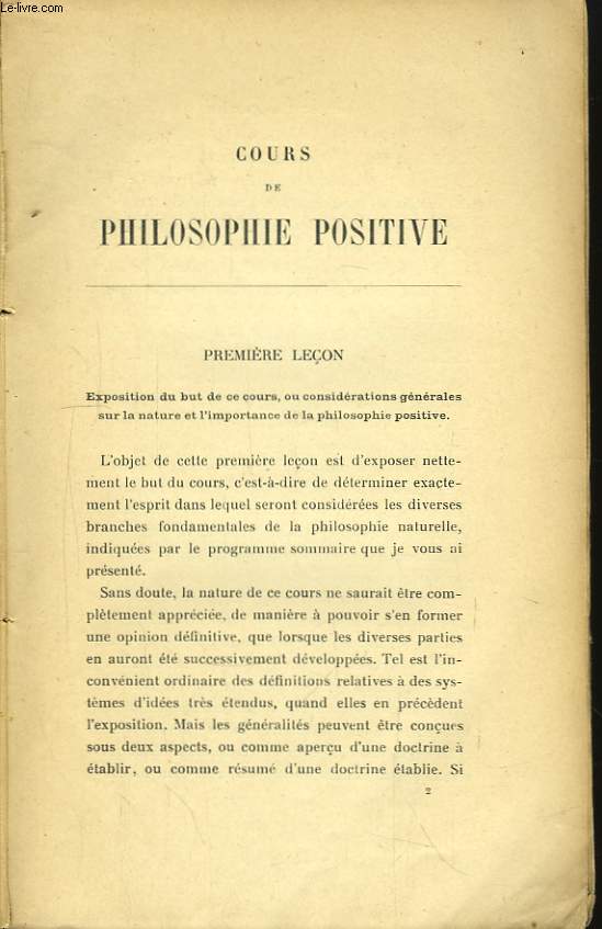 Cours de Philosophie Positive. Extrait,  l'usage des Candidats aux baccalaurtas, leons I, II, III et X