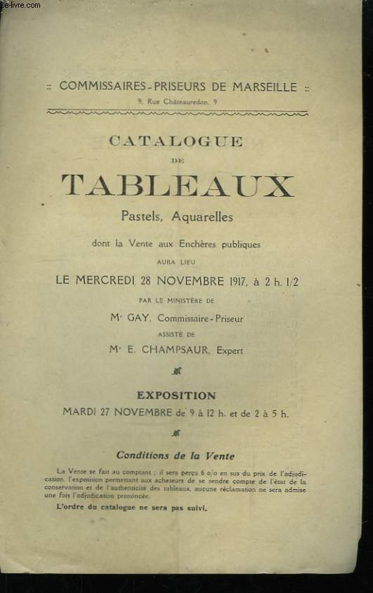 Catalogue de Tableaux, Pastels, Aquarelles.