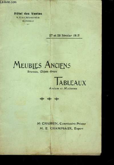 Catalogue de Vente aux Enchres de Meubles Anciens et Tableaux.
