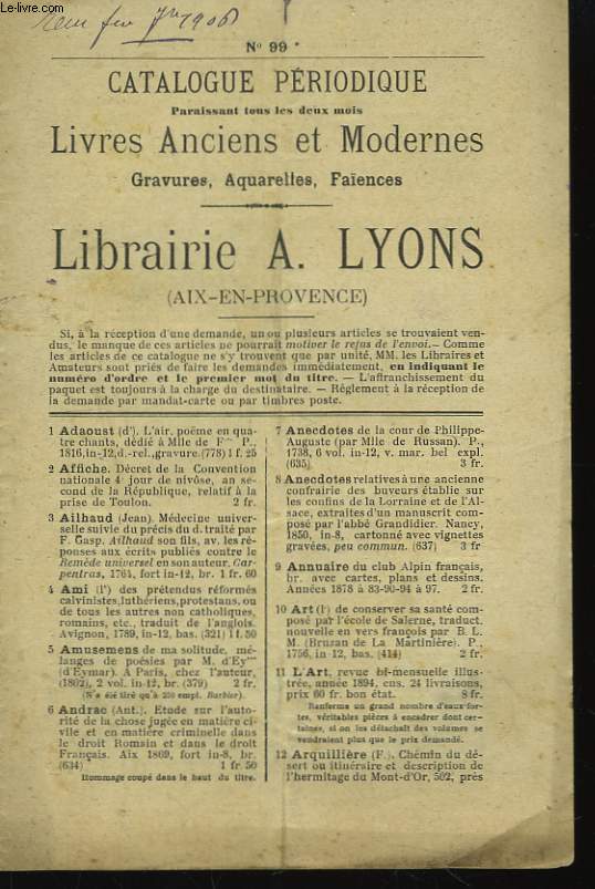 Catalogue Priodique de Livres Anciens et Modernes. N99