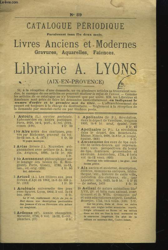 Catalogue Priodique de Livres Anciens et Modernes. N89