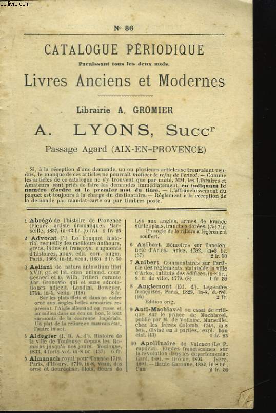 Catalogue Priodique de Livres Anciens et Modernes. N86
