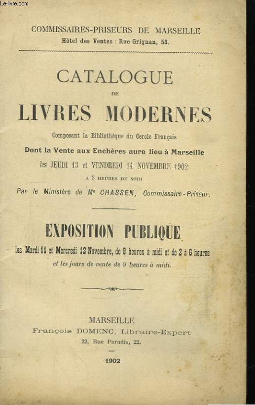 Catalogue de Livres Modernes, composant la bibliothque du Cerlce Franais.
