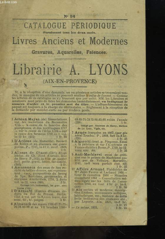 Catalogue Priodique de Livres Anciens et Modernes. N94