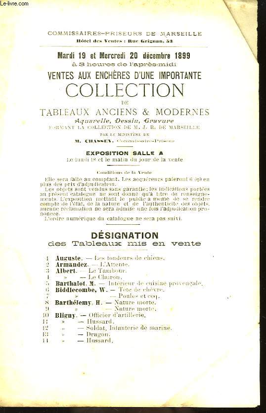 Ventes aux enchres d'une importante collection de Tableaux Anciens et Modernes, Aquarelles, Dessin et Gravure formant la collection de M. J.R. de Marseille.