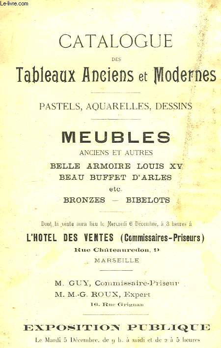Catalogue des Tableaux Anciens et Modernes. Pastels, aquarelles, dessins.