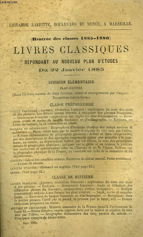 Livres Classiques, rpondant au nouveau plan d'tudes du 22 janvier 1885.