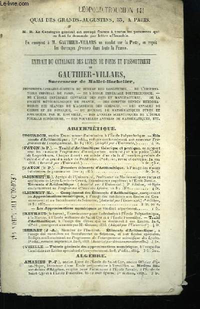 Extrait du catalogue des Livres de fonds et d'assortiment de Gauthier-Villars, Sucesseur de Mallet-Bachelier.