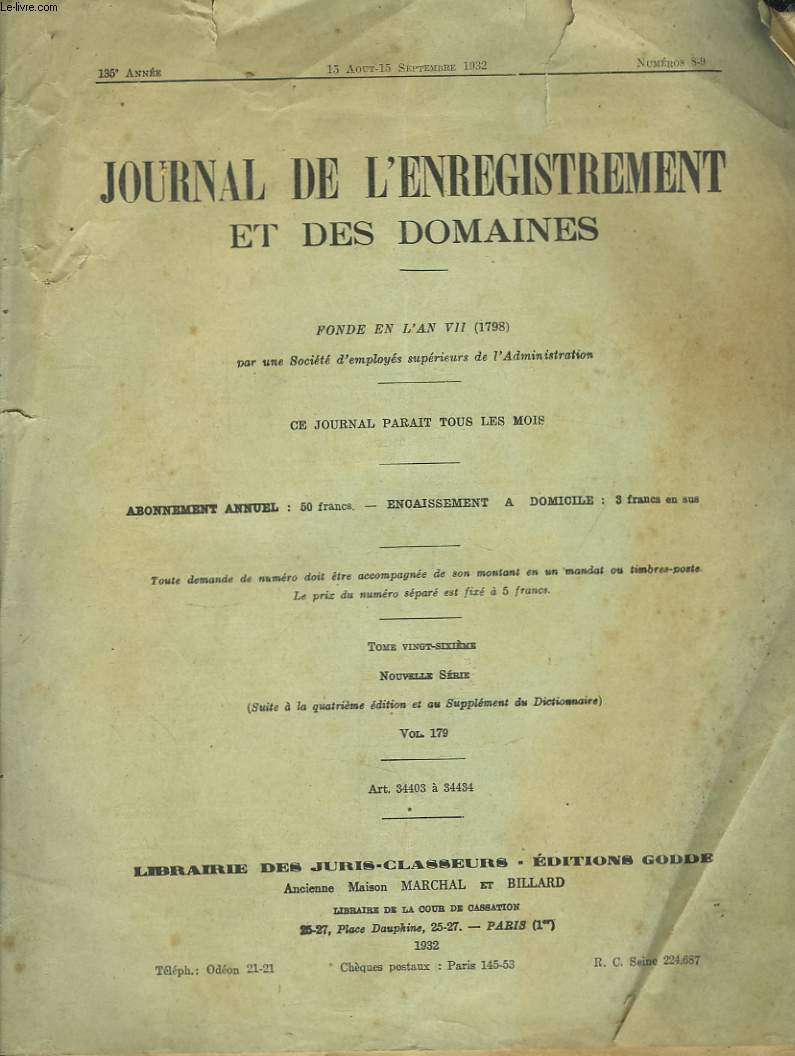 Journal de l'Enregistement et des Domaines, N8 - 9, 135e anne.