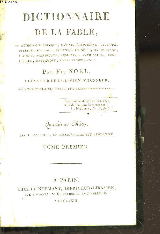 Dictionnaire de la Fable. TOME 1er.