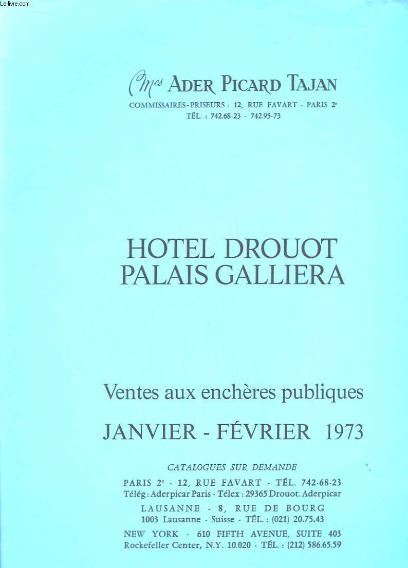 Catalogue de Vente aux Enchres Publiques. Htel Drouot, Palais Galliera. Janvier - Fvrier 1973