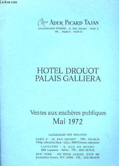 Catalogue de Vente aux Enchres Publiques. Htel Drouot, Palais Galliera. Mai 1972