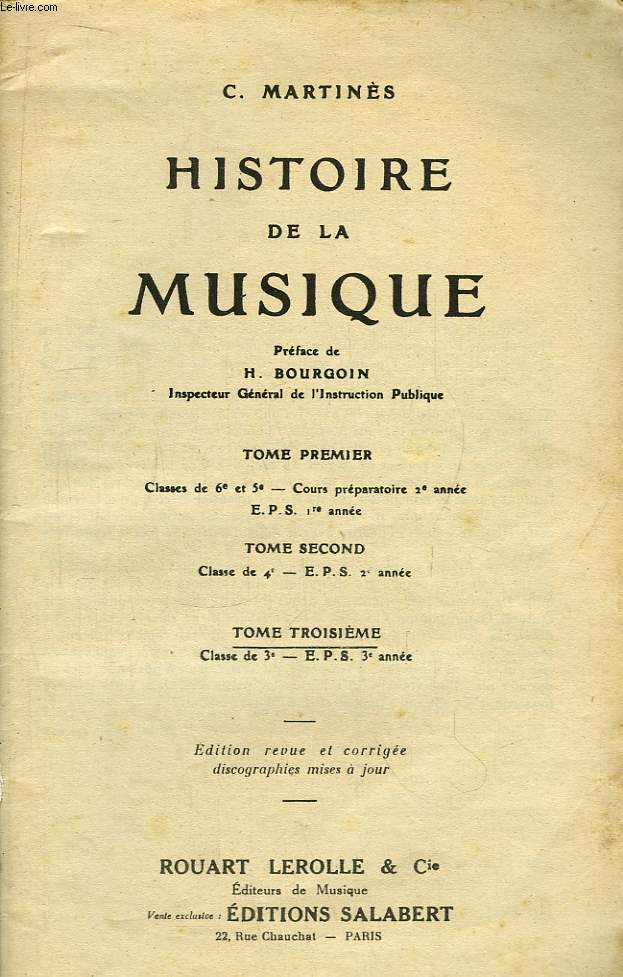 Histoire de la Musique. TOME III : Classe de 3e - EPS 3eme anne.
