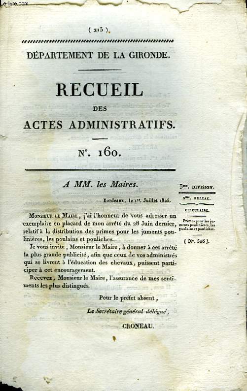 Recueil des Actes Administratifs. N160