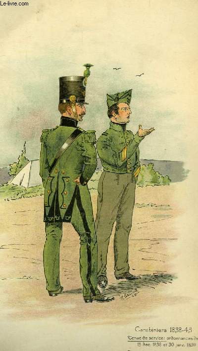 Lithographie en couleurs, d'aprs une aquarelle, de la Tenue de service et de quartier (caporal), de Carabiniers 1838 - 45. Extrait de L'Uniforme des Carabiniers Vaudois,  travers les ges 1768 - 1918.