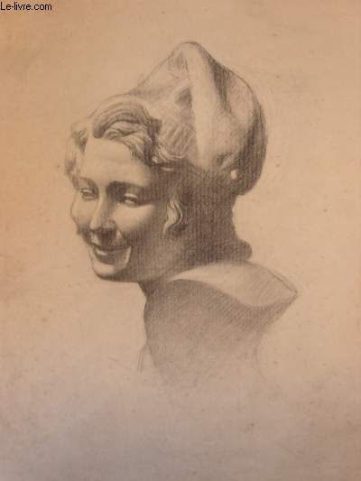 Portrait original d'une femme aux cheveux mi-longs, de 3/4 face, coiffe d'un bonnet.