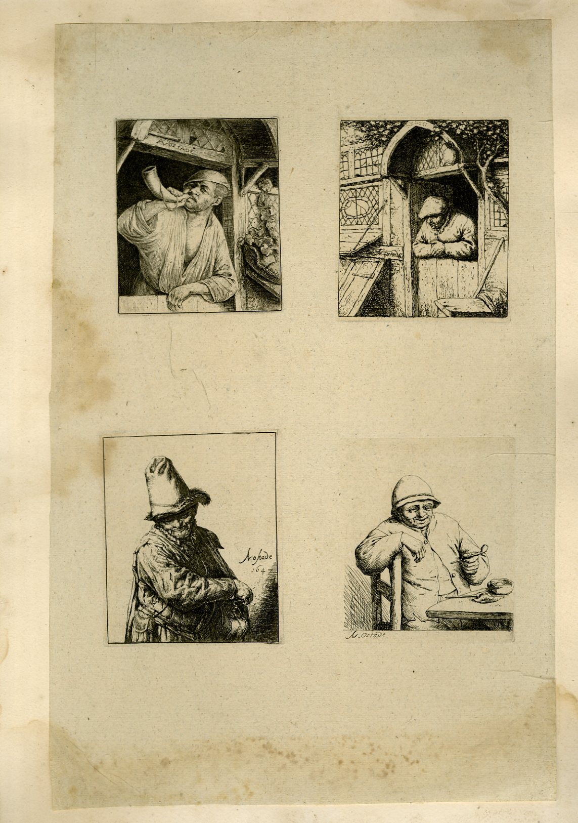 Planche illustre de 4 gravures originales, chacunes reprsentant un villageois dans diverses situations : en jouant de la corne, fumant la pipe , sur le perron de sa maison, fouillant dans son sac.