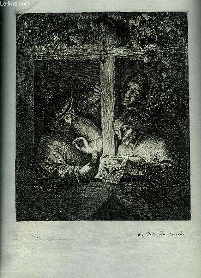 Gravure originale d'une scne o 4 hommes lisent une letre  la lumire d'une bougie.