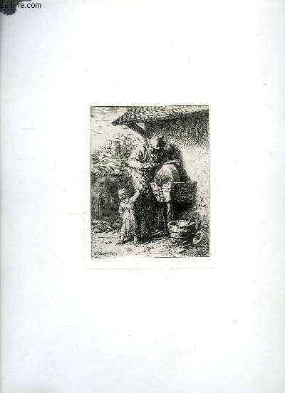 Gravure originale,  l'Eau-Forte, d'un homme aiguisant sa lame  la meule sous les yeux d'une jeune fille.