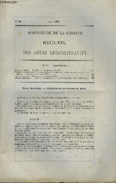Recueil des Actes Administratifs, n20 - Prfecture de la Gironde.