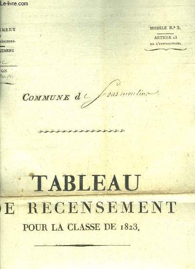 Tableau de Recensement pour la classe de 1823. Commune de Sous-Moulins. Modle n3 - Article 13.