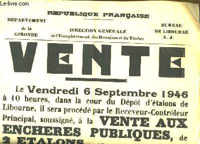 Affiche de la Vente aux Enchres Publiques de 2 talons : Neuf-de-Mai et Pot-Faro. Le 19 Aot 1946