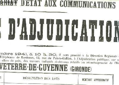 Affiche d'un Avis d'Adjucation, du 5 dcembre 1941, relatif au ramnagement de l'Htel des Postes de Sauveterre-de-Guyenne (Gironde).