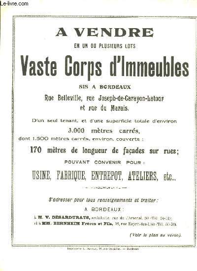 Brochure de la Vente d'un Vaste Corps d'Immeubles, sis  Bordeaux, rue Belleville, rue Joseph-de-Carayon-Latour et rue du Marais.