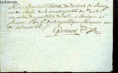 Note manuscrite originale de l'Administrateur du Directoire du District de Bourg