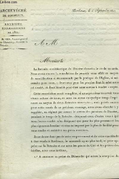 Lettre de l'Archevch de Bordeaux  M. Le Cur. Retraite Ecclsiastique de 1821