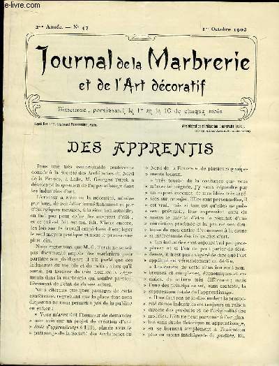 Journal de la Marbrerie et de l'Art dcoratif N 47 - 2me anne : Des apprentis - Blocs de marbre : rapport entre leurs mesures et leur valeur (  suivre )