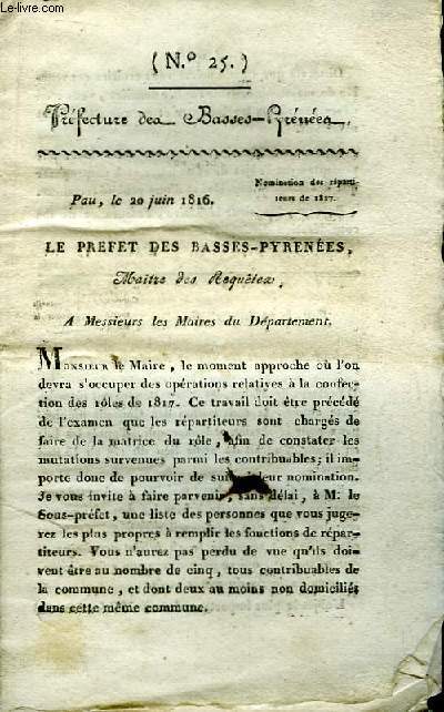 Bulletin de la Prfecture des Basses-Pyrnes. N25 : Nomination des rpartiteurs de 1817