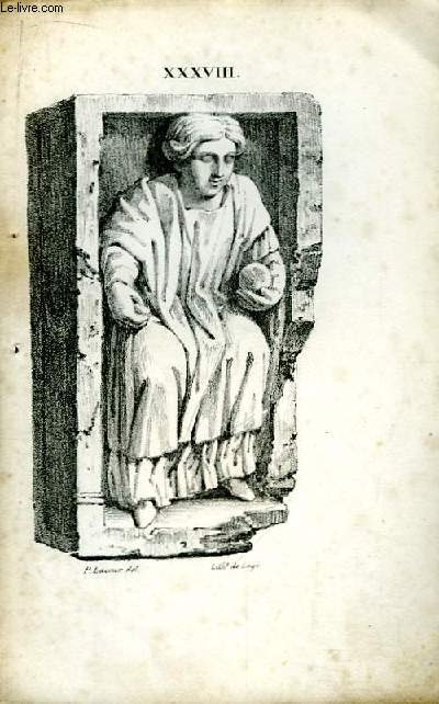 Gravure XIXe en noir et blanc, d'Antiques reliques graves dans la pierre. Planche N XXXVIII : Une femme jouant  un jeu de boules ou de pierres (palets).