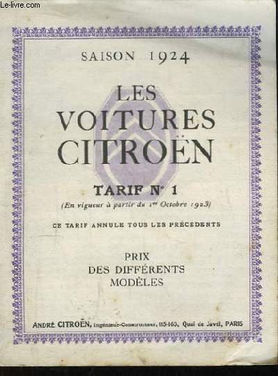 Les Voitures Citron, Saison 1924, Feuille de Tarif N1