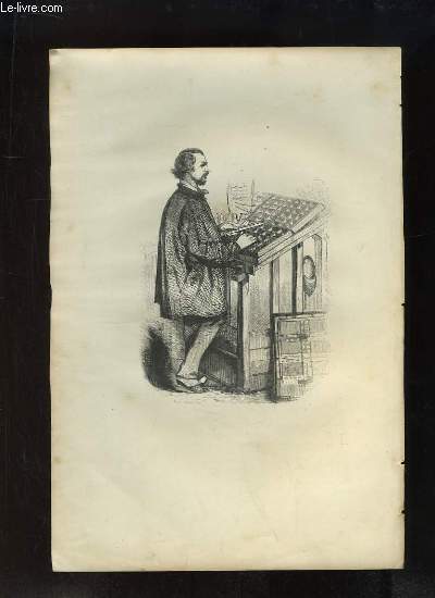 Gravure XIXe sicle, en noir et blanc, d'un homme face  son atelier, pupitre.