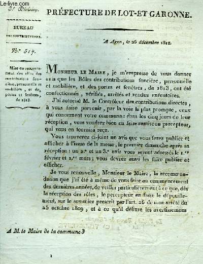 1 lettre imprime N517. Mise en recouvrement des rles des contributions foncire, personnelle et mobilire et des portes et fentres de 1813.