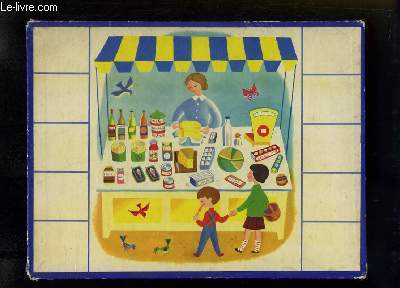 Planche illustre, de 2 enfants devant un stand d'picerie.