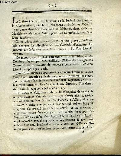 Lettre-imprime de Grimaud, contre le Maire & deux officiers Municipaux de cette ville, pour fait de prvarication.