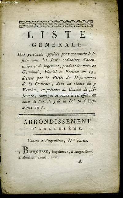 Liste gnrale des personnes appeles pour concourir  la formation des Jurs ordinaires d'accusation et de jugement, pendant l'anne 1805, dresse par le Prfet du Dpartement de la Charente.