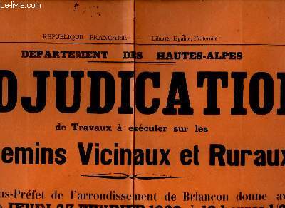 Affiche de l'Adjudication de Travaux  excuter sur les Chemins Vicinaux et Ruraux.