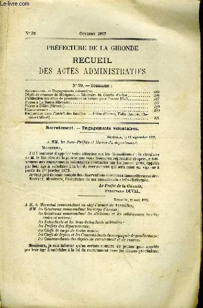 Recueil des Actes Administratifs de la Prfecture de la Gironde N29 - Octobre 1872 : Dpot de remonte de Mrignac - Foires  La Sauve (Gironde) Foires  Bliet - Pitou (Pierre), Folin (Andr) et Clavire (Albert)