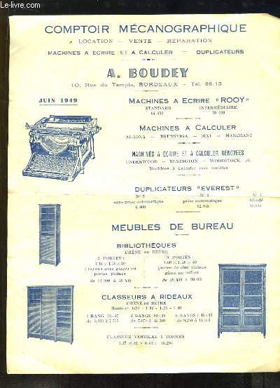 Publicit deu Comptoit Mcanographique A. Boudey. Machines  Ecrire 