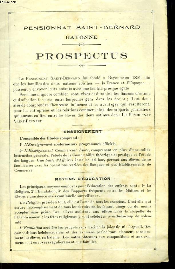 Prospectus du Pensionnat Saint-Bernard  Bayonne.