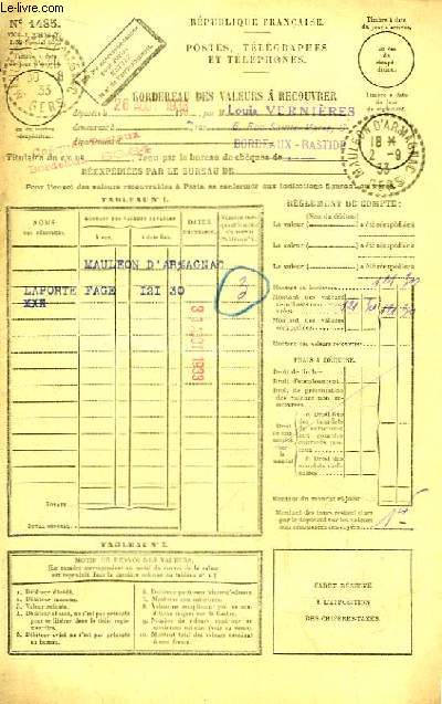 Lot de 25 feuillets de Bordereaux de Valeurs  Recouvrir, du Gers (Maulon d'Armagnac, Eauze, Condom, Mielan, Beaucaire ( 1931 - 1934)