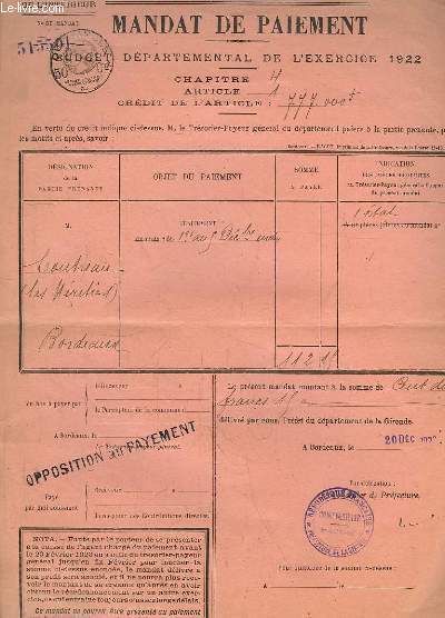 Mandat de Paiement - Budget dpartement de l'Exercice 1922 - Coutreau (Les Hritiers)
