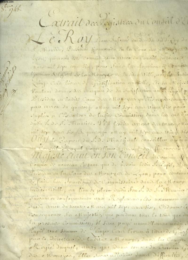 Extrait du Registre du Conseil d'Etat du 8 8bre 1748