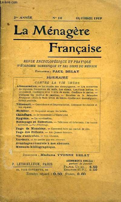 La Mnagre Franaise N10 - 2e anne : La rcolte des champignons - Caoutchouc et impermables - Le repassage  l'lectricit - La vaccination - Les ciseaux ...