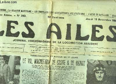 Les Ailes. Journal de la Locomotion Arienne. N 283 - 6me anne : Paris - Calcutta, le vol magnifique de Coste & de Rignot - L'avion de Havilland 