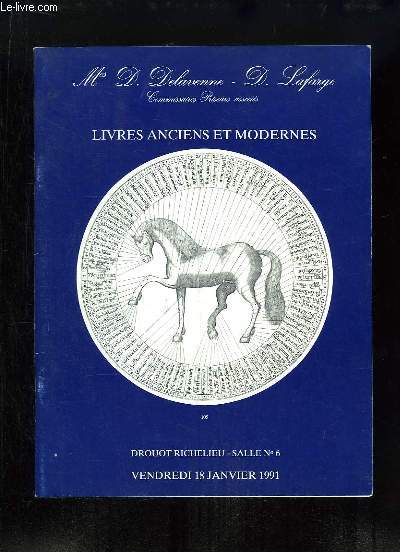 Catalogue de la Vente aux Enchres du 18 janvier 1991,  l'Htel Drouot-Richelieu, de Livres anciens et modernes